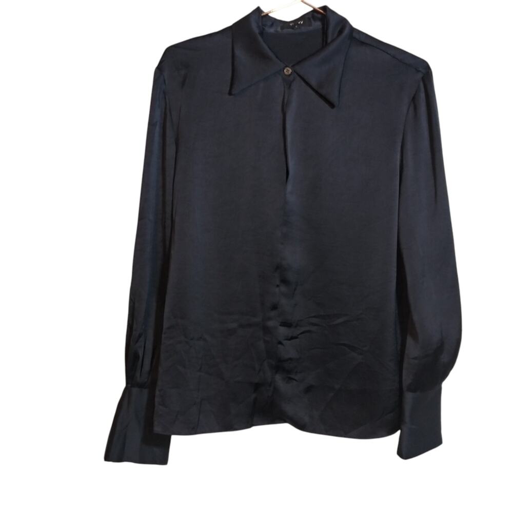 Theory Navy Blue Split Collar Crushed Satin Pullover Blouse Top Size Small